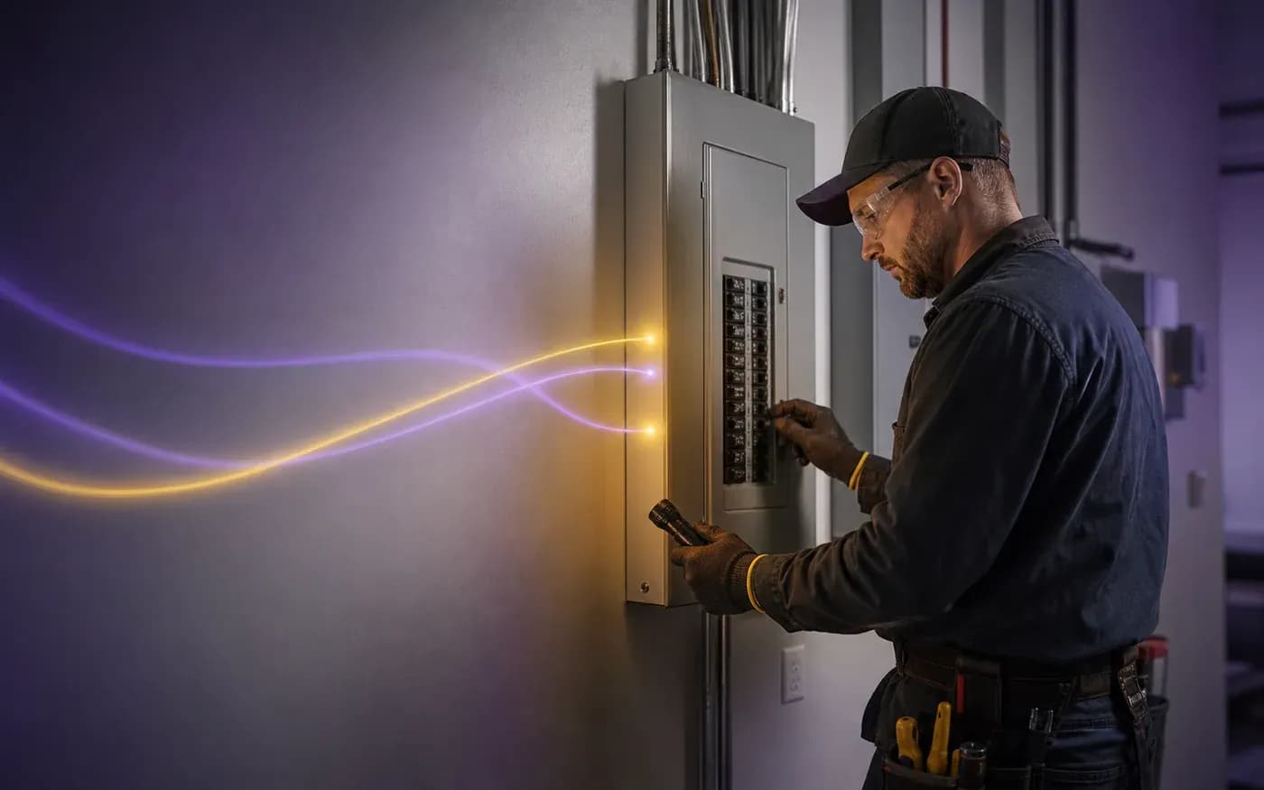 Electrician safely inspecting a panel while Cleiro routes urgent electrical call details.