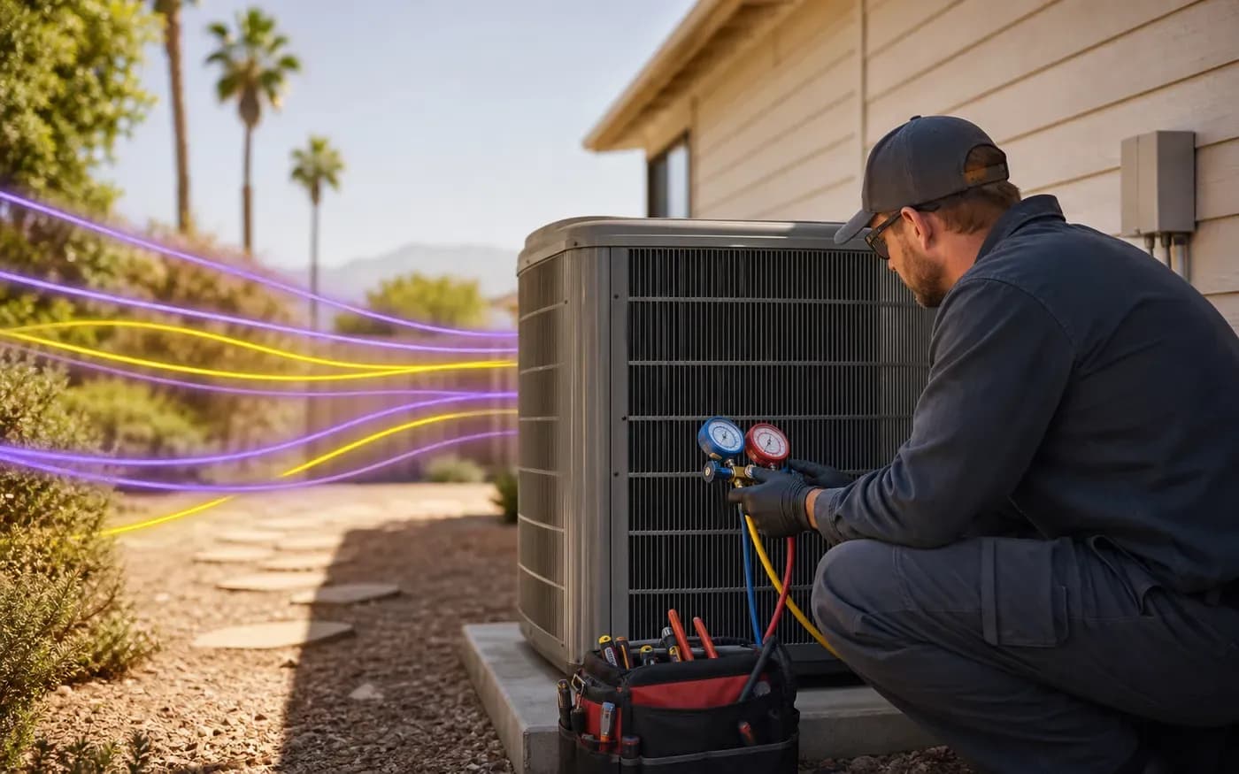 HVAC technician servicing outdoor equipment while Cleiro routes seasonal no-cooling calls.
