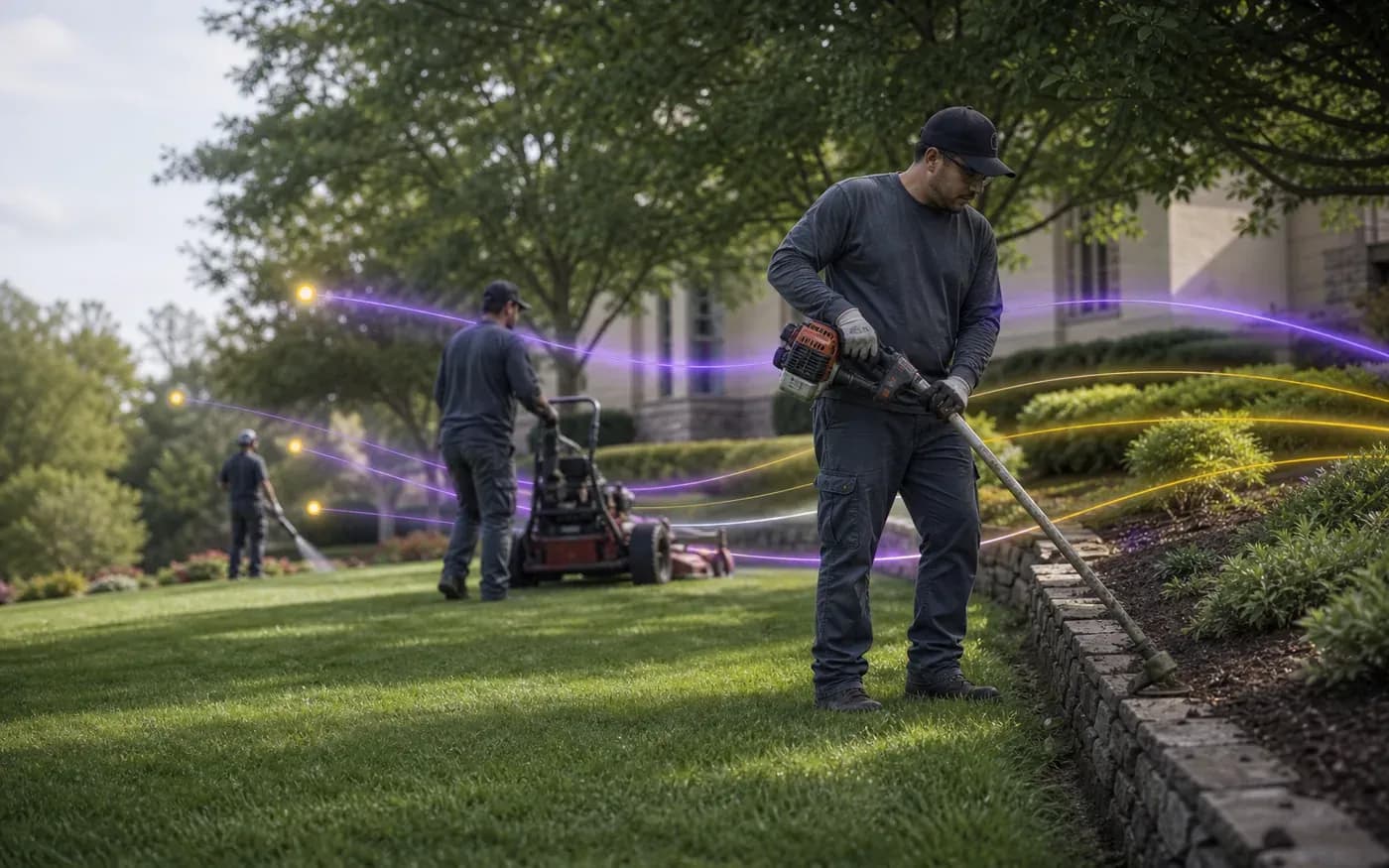 Landscaping crew working while service-area and estimate calls are captured by Cleiro.
