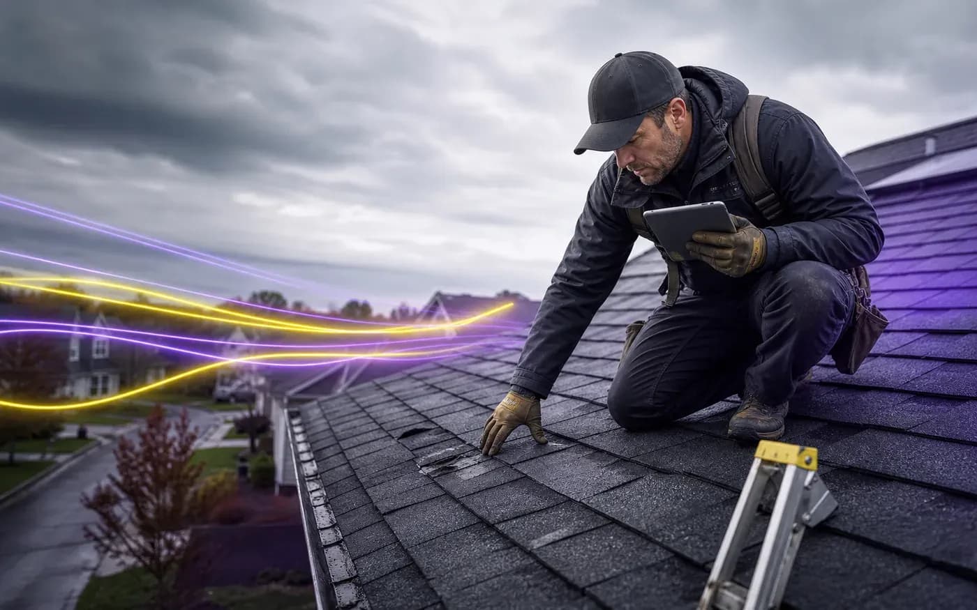 Roofer inspecting storm damage while service calls are organized by Cleiro.